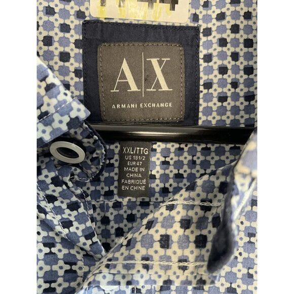 AX Armani Exchange XXL‎  18,5 Blue Print Short Slv Button up Shirt ACTUAL-Large - Picture 1 of 12